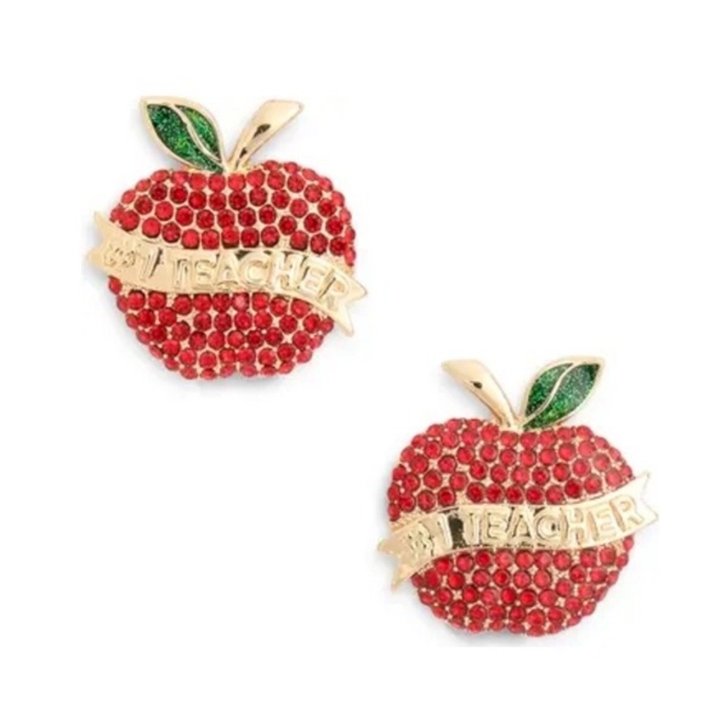 Baublebar Pavé #1 Teacher Apple Stud Earrings - Red/Gold Teacher Gift NWT‎
